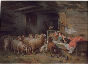 Plade, der forestiller en hyrde sovende med sin hund, en uovervåget flok ved hans side, slutningen af det 19. - begyndelsen af det 20. århundrede af Friedrich Otto Gebler