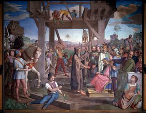 Første korstog: Forberedelser til angrebet på Jerusalem. Repræsentation af Godefroy de Bouillon, der sidder foran Eremitten Peter - Fresco