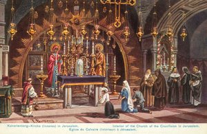Korsfæstelsens alter, Den Hellige Gravs Kirke, Jerusalem (farvelitografi) af Friedrich Perlberg