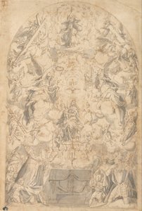 Madonna og barn med engle, der bærer symboler på lidelseshistorien