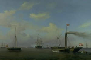 Den danske eskadre til ankers på Warnemünde rhed. Deres kongelige højheder kronprinsen og kronprinsessen ankommer på dampskibet "Kiel" til eskadren, og orlogsskibet "Christian den Ottende" begynder at salutere af Friedrich Theodore Kloss