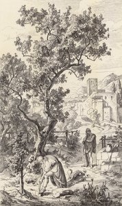 Odysseus besøger sin far Laertes (kobberstik) af Friedrich the Elder Preller
