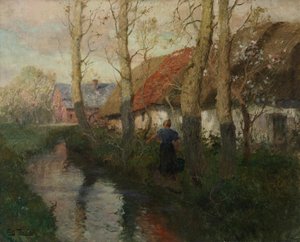En flod i Normandiet med en kvinde, der bærer vand af Frits Thaulow