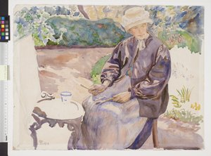 Kunstnerens kone, malerinden Anna Syberg, i smedens have