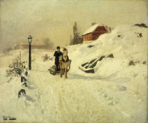 En hestetrukket slæde i et vinterlandskab af Frits Thaulow