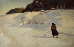 Vinterscene med en skiløber af Fritz Thaulow