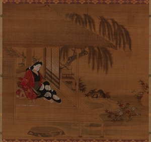 Have, interiør og siddende pige, Edo-perioden, 1615-1868. af Furuyama Moroshige