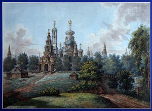 Det nye Jerusalem Kloster. Russisk-ortodoks arkitektur, i Istra nær Moskva. Værk af Fjodor Yakovlevich Alexeyev (1753-1824), akvarel og blæk på papir, ca. 1800. Russisk kunst, begyndelsen af ​​det 19. århundrede, klassicisme. st af Fyodor Alexeyev