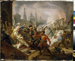 Russiske bondekrig 1773-1775 (Jackson af Yaik-kosakkerne): Slaget ved Kazan i juli 1774, scene for oprøret af Emelian Ivanovitch Pougatchev (Iemelian eller Emilien Pougatchov) (1742-1775). (Pugachevs Slaget ved Kazan i juli 1774. af Fyodor Antonovich Molier