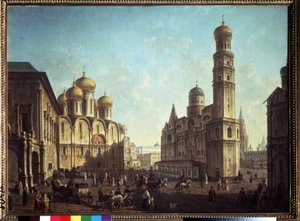 Katedralpladsen i Kreml i Moskva. Maleri af Fjodor Yakovlevich Alexeev (1753-1824). Olie på lærred, 81,5 x 112 cm. Russisk kunstklassicisme. Statens Tretyakov-galleri, Moskva.