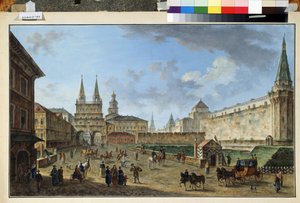 Moskva, Udsigt over Opstandelsesporten ved Den Røde Plads. Maleri af Fjodor Yakovlevich Alexeev (1753-1824). Akvarel og gouache på papir, 58,2 x 91,2 cm, ca. 1801. Russisk kunst, klassicisme. Museum af