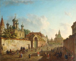 Udsigt fra Lubyanka-pladsen til Vladimir-porten i Moskva, Rusland, 1800-tallet.