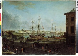 Udsigt over den engelske dæmning fra Vasilievsky-øen, Sankt Petersborg (Udsigt over den engelske dæmning fra Vasilievsky-øen). Maleri af Fjodor Yakovlevich Alexeev (1753-1824). Olie på lærred, 53 x 72,5 cm