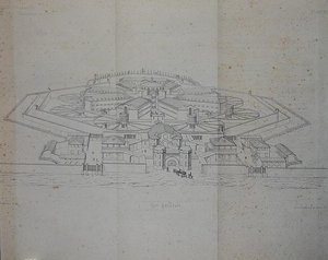 Design til et cellulært fængsel til 585 fanger af G.A. Blouet