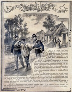 1789: Erklæring om menneskets og borgerens rettigheder: Respekt for loven. Indgravering i "Den unikke bog om etik og borgerinstruktion, beregnet til elever på de tre kurser i folkeskolen og de i de primære klasser på Lycees og Colleges, Deuxi