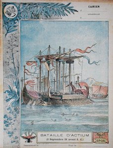 Omslag til skoleøvelsesbog, der illustrerer slaget ved Actium, 2. september 31 f.Kr., ca. 1900 (farve litho)