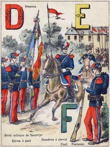 Brev D E F: Flag, Military School of Saint-Cyr (Saint Cyr), Eleves til fods, hesteskvadron, rifle og fantassin, c.1900 (litograf)