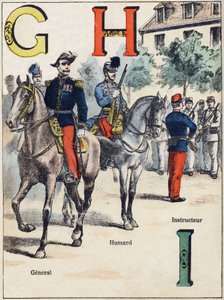 Bogstaver G H I: General, Hussard og Instruktør. Indgravering i "Alphabet militaire", Grand-Bebe-serien. Gravering. Pont-a-Mousson billeddannelse. Louis Vagne, Trykker-Forlag, ca. 1900. Illustrationer af G. Dascher. 20 sider. Mål: 31,5 x 24,5 cm af G. Dascher