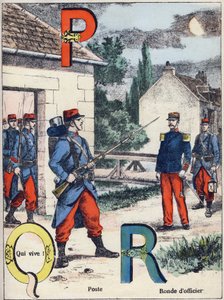 Bogstaverne P Q og R: Post, Qui vive! og Officersrunden. Indgravering i "Alphabet militaire", Grand-Bebe-serien. Gravering. Pont-a-Mousson billeddannelse. Louis Vagne, Trykker-Forlag, ca. 1900. Illustrationer af G. Dascher. 20 sider. Mål: 31,5x24,5cm