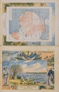 Kort over de franske besiddelser og indflydelsessfærer i Afrika og udsigt over Senegal-floden, omslag til en skolehæfte, slutningen af det 19. århundrede (farvestik)
