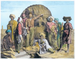 Arkæolog Bernardino Drovetti måler et kolossalt hoved i den egyptiske ørken, 1819 af G Engelmann