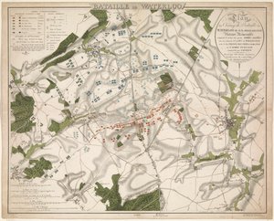 Kort van de Slag bij Waterloo, 1815 Battle of Waterloo / Plan for Battlefield of Waterloo kaldet Belle-Alliance. Mindeværdig sejr vundet den 18. juni 1815 af de allierede hære (...) (titel på objekt) af G. Jacowick