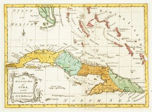 An Accurate Map of Cuba and the Adjacent Islands, pub c. 1762dani af G Rollos