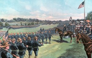 Præsident McKinley gennemgår de amerikanske frivillige i Camp Alger af G. W. Peters