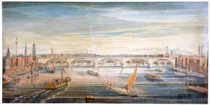 Udsigt over den nye London Bridge fra vest med både og pramme på Themsen, 1831.