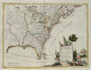 Canada, de engelske kolonier med Louisiana og Florida, gravering af G. Zuliani hentet fra Tome I of the Newest Atlas udgivet i Venedig i 1778 af Antonio Zatta, Private Collection af G. Zuliani