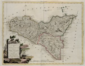 Øen Sicilien, opdelt i dets dale, gravering af G. Zuliani taget fra Tome II af det nyeste atlas udgivet i Venedig i 1782 af Antonio Zatta, Privat Samling af G. Zuliani
