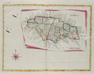 Jamaica, gravering af G. Zuliani hentet fra Tome I af "Newest Atlas" udgivet i Venedig i 1778 af Antonio Zatta, Privat Samling af G. Zuliani