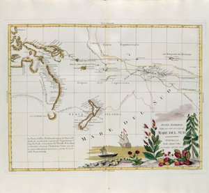 Nye opdagelser gjort i 1775, 67 og 69 i Sydhavet, gravering af G. Zuliani taget fra Tome I af det nyeste atlas udgivet i Venedig i 1776 af Antonio Zatta, Privat Samling af G. Zuliani