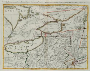 Pennsylvania, New York, det sydlige New Jersey, med den vestlige del af Connecticut, Massachusetts Bay og Land of the Iroquois, gravering af G. Zuliani taget fra Tome I af "Newest Atlas" udgivet i Venedig i 1778 af Antonio Zatta, Privat Samling af G. Zuliani