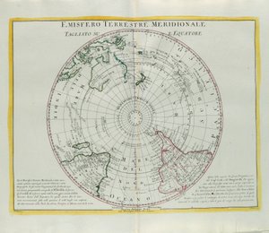 Jordens sydlige halvkugle skåret ved ækvator, gravering af G. Zuliani taget fra Tome I af det nyeste atlas udgivet i Venedig i 1779 af Antonio Zatta