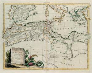 Barbarykysten eller kongerigerne Marokko, Fez, Algeriet, Tunesien og Tripoli med omgivende lande, indgravering af G. Zuliani hentet fra Tome IV af "Newest Atlas" udgivet i Venedig i 1784 af Antonio Zatta, Privat Samling