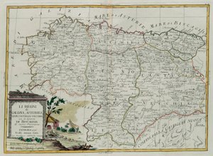 Kongerigerne Galicien, Asturies, Leon, Castilla Vieja med Biscallia-rådet, gravering af G. Zuliani hentet fra Tome I af det nyeste atlas udgivet i Venedig i 1776 af Antonio Zatta, Priva af G. Zuliani