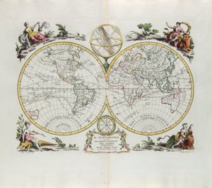 Verdenskort og en generel beskrivelse af kloden, gravering af G. Zuliani hentet fra Tome I of the Newest Atlas udgivet i Venedig i 1774 af Antonio Zatta