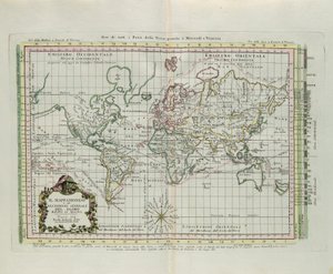 Verdenskort og en generel beskrivelse af kloden, reduceret til et billede, gravering af G. Zuliani taget fra Tome I af "Newest Atlas" udgivet i Venedig i 1774 af Antonio Zatta af G. Zuliani