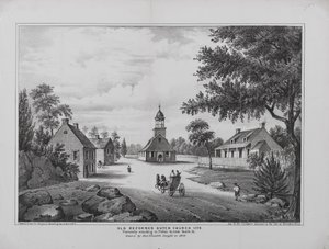 Old Reformed Dutch Church i 1776, tegnet af Miss Elizabeth Sleight i 1808, trykt for H. McCloskeys Manuel fra City of Brooklyn, 1864 af G. after Hayward