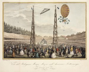Bolognese Muzio Muzzis (1809-46) flyvning i luftskibet Retirremiga, 1838 af G. after Meloni