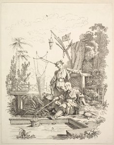 En kinesisk mand og kvinde, der fisker ved en fiskedam, 1700-tallet.