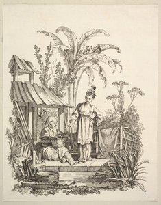 En siddende kinesisk mand og en kvinde, der bærer en fisk, ca. 1742. af Gabriel Huquier