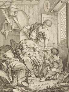 Plade 1: Ung kvinde fodrer sit spædbarn, fra Premier Livre de Subjects et Pastorales Fi..., 1720-72. af Gabriel Huquier