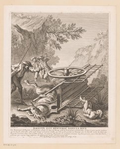 Ragotin valt van de wagen Ragotin er væltet i mudderet (titel på objekt) Scener fra Roman Comique van Scarron (serietitel) af Gabriel Huquier