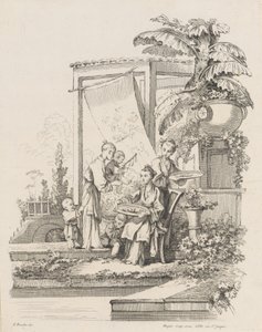 Siddende kvinde med børn og tjenere, ca. 1738-45. af Gabriel Huquier