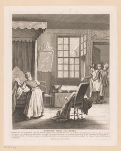 Slaapkamerinterieur mødte Ragotin i en kiste Sladder i bagagerummet (titel på objekt) Scener fra Roman Comique van Scarron (serietitel)