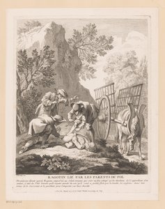 Sovende ragotin bundet og kidnappet Ragotin lié par les forældre du fol (titel på objekt) Scener fra Scarrons Roman Comique (serietitel) af Gabriel Huquier