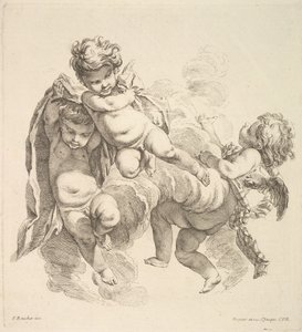 Tre børn blandt skyer, der bærer et draperi, 1738-45. af Gabriel Huquier