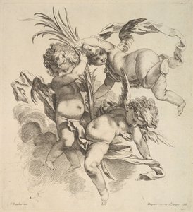 Tre børn blandt skyer nær et palmeblad, 1738-45. af Gabriel Huquier